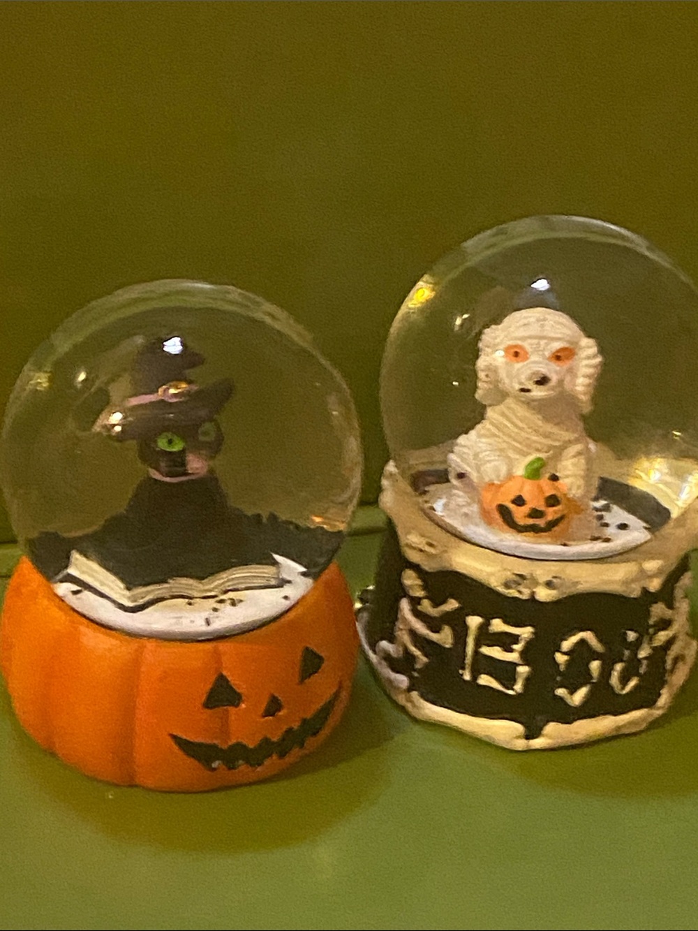 Halloween Pumpkin Snow Globe Pair - Witch & Mummy Dog